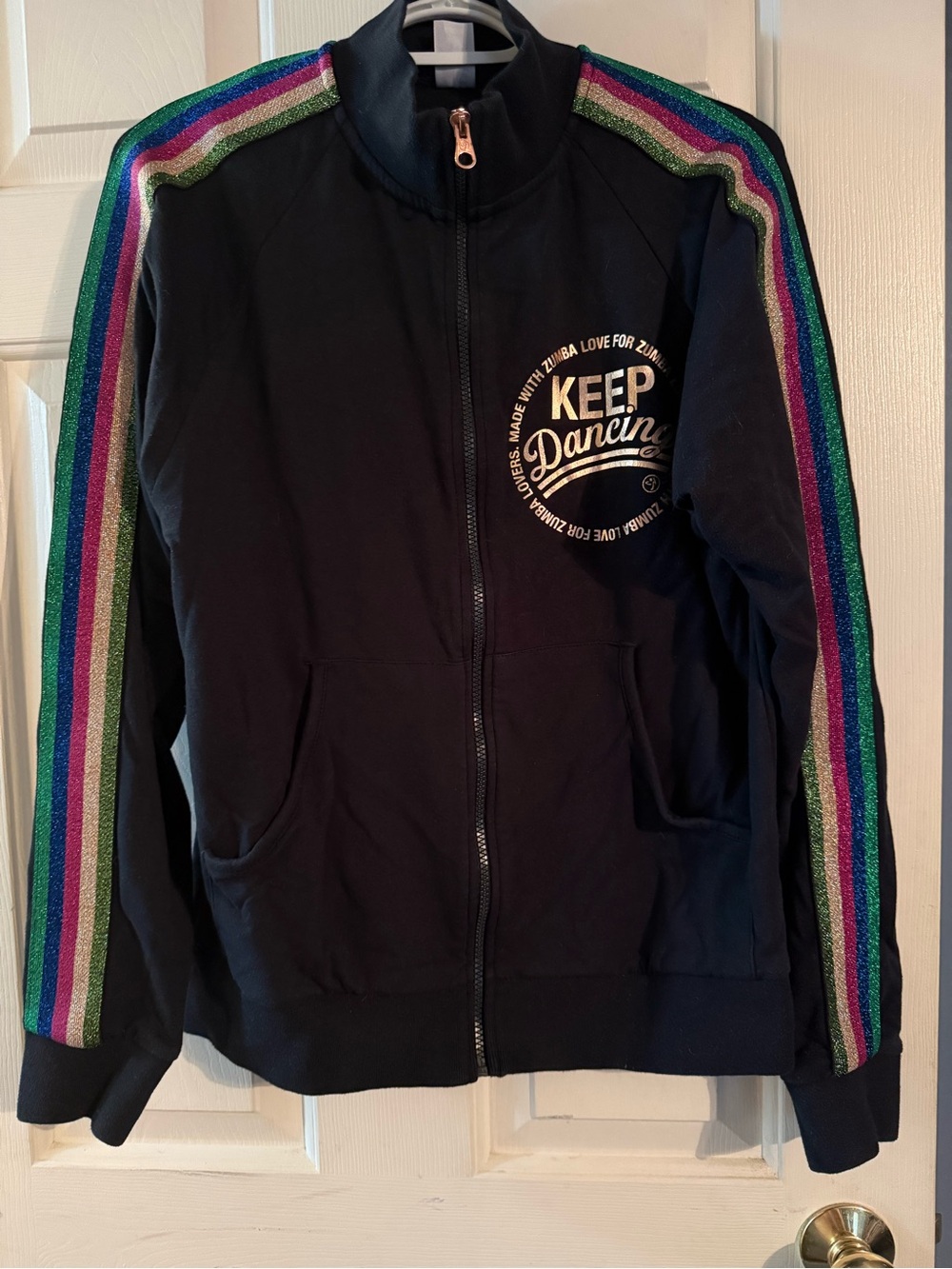 Zumba Fitness Black Track Jacket with Multicolor Glitter Stripes